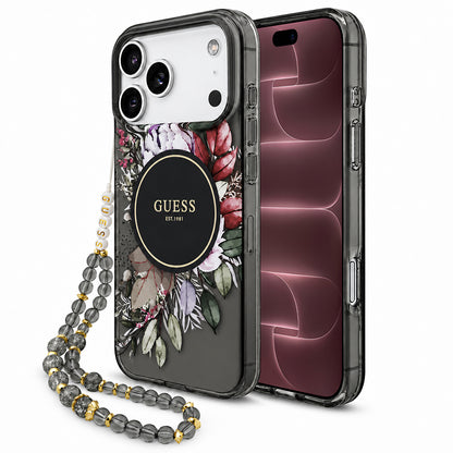 Custodia MagSafe per Apple iPhone 18 Pro Max / 17 Pro Max, Guess, IML Flowers with Pearl Strap, nera