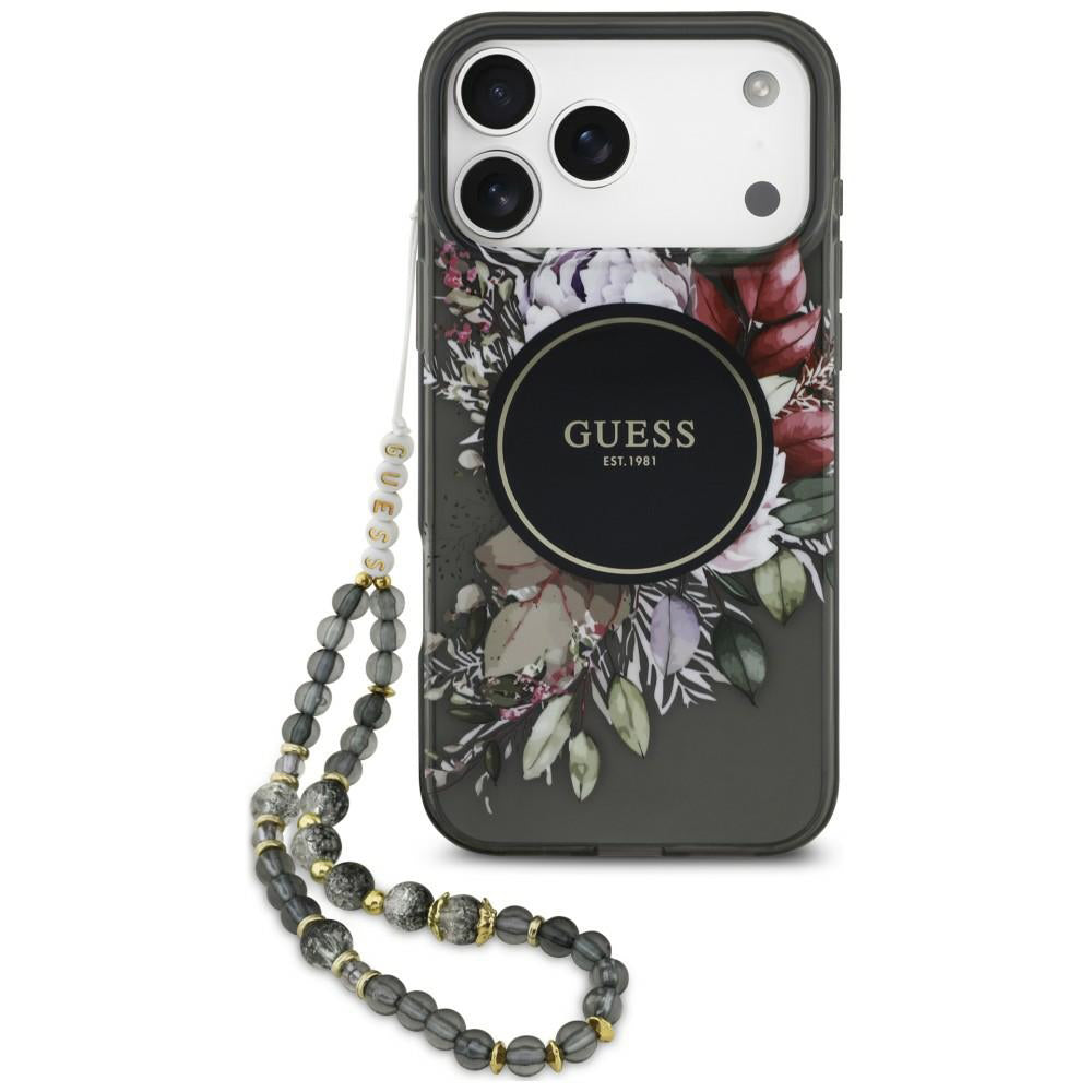Custodia MagSafe per Apple iPhone 18 Pro Max / 17 Pro Max, Guess, IML Flowers with Pearl Strap, nera