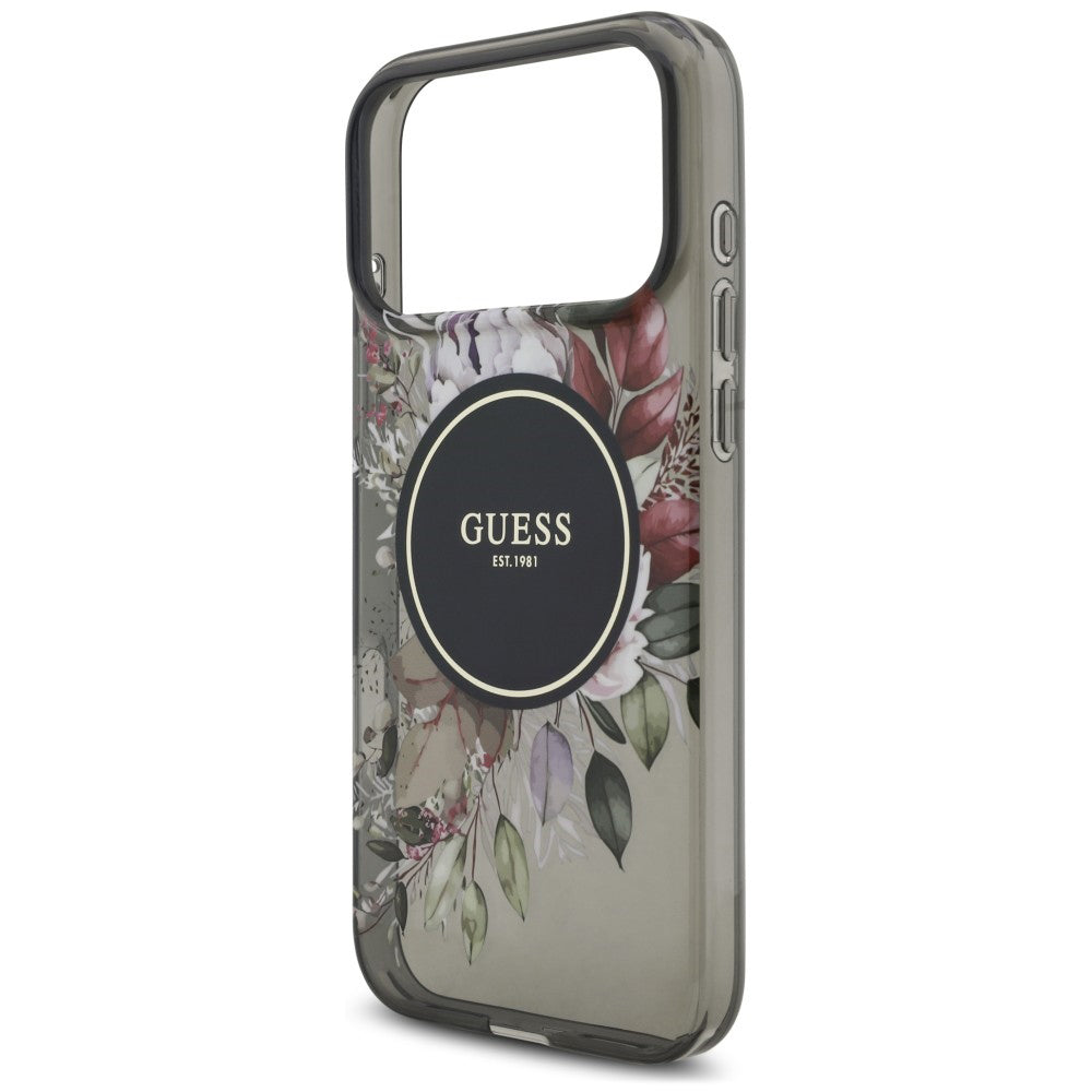 Custodia MagSafe per Apple iPhone 18 Pro Max / 17 Pro Max, Guess, IML Flowers with Pearl Strap, nera