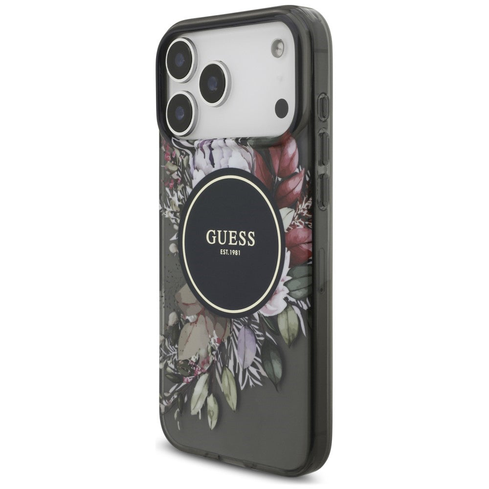 Custodia MagSafe per Apple iPhone 18 Pro Max / 17 Pro Max, Guess, IML Flowers with Pearl Strap, nera