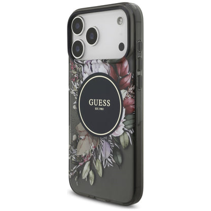 Custodia MagSafe per Apple iPhone 18 Pro Max / 17 Pro Max, Guess, IML Flowers with Pearl Strap, nera
