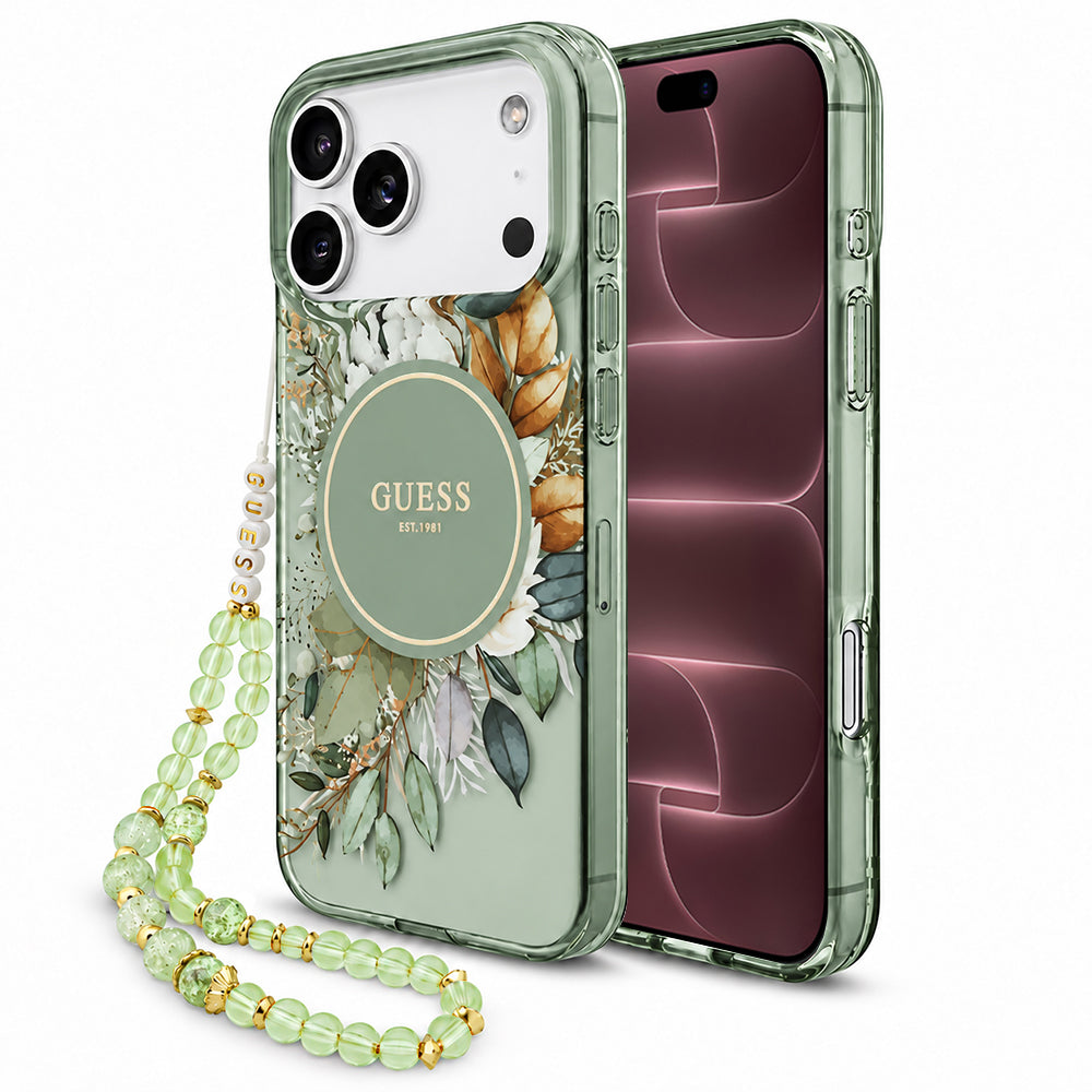 Cover MagSafe per Apple iPhone 18 Pro Max / 17 Pro Max, Guess, IML Flowers with Pearl Strap, Verde