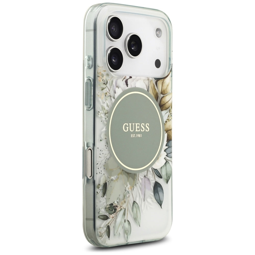 Cover MagSafe per Apple iPhone 18 Pro Max / 17 Pro Max, Guess, IML Flowers with Pearl Strap, Verde