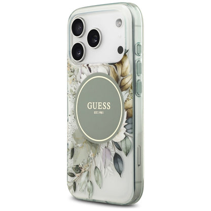 Cover MagSafe per Apple iPhone 18 Pro Max / 17 Pro Max, Guess, IML Flowers with Pearl Strap, Verde