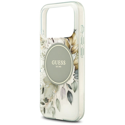 Cover MagSafe per Apple iPhone 18 Pro Max / 17 Pro Max, Guess, IML Flowers with Pearl Strap, Verde