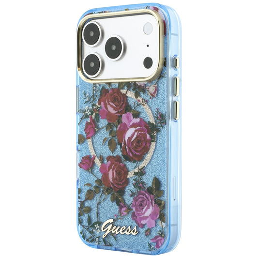 Custodia MagSafe per Apple iPhone 18 Pro Max / 17 Pro Max, Guess, IML Glitter Blossom Roses, Blu