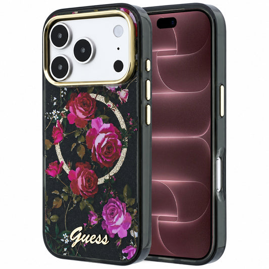 Custodia MagSafe per Apple iPhone 18 Pro Max / 17 Pro Max, Guess, IML Glitter Blossom Roses, nera