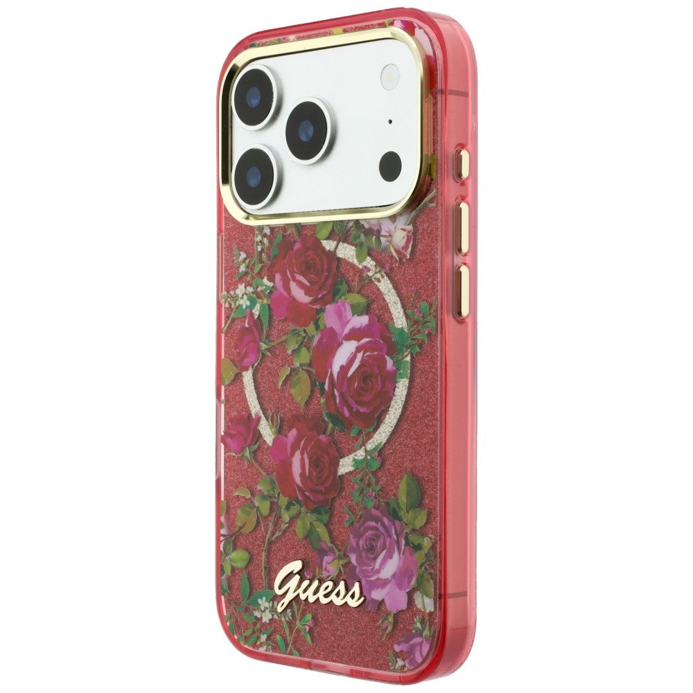 Custodia MagSafe per Apple iPhone 18 Pro Max / 17 Pro Max, Guess, IML Glitter Blossom Roses, Vinaccia