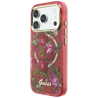 Custodia MagSafe per Apple iPhone 18 Pro Max / 17 Pro Max, Guess, IML Glitter Blossom Roses, Vinaccia