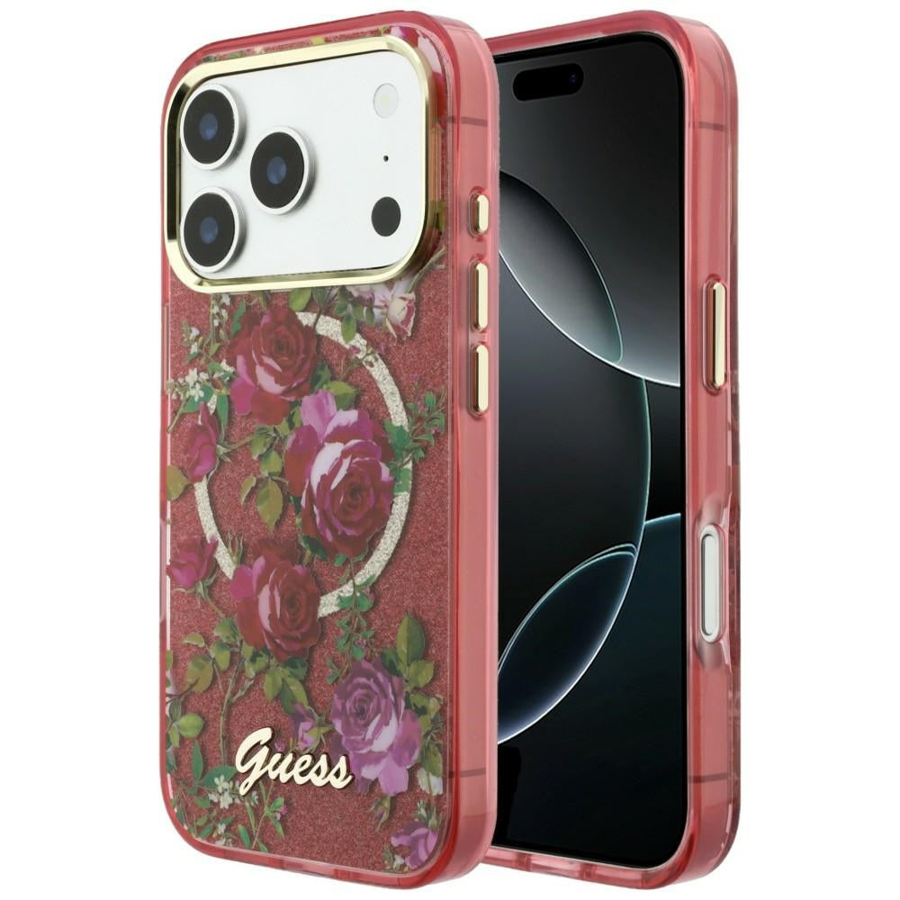 Custodia MagSafe per Apple iPhone 18 Pro Max / 17 Pro Max, Guess, IML Glitter Blossom Roses, Vinaccia