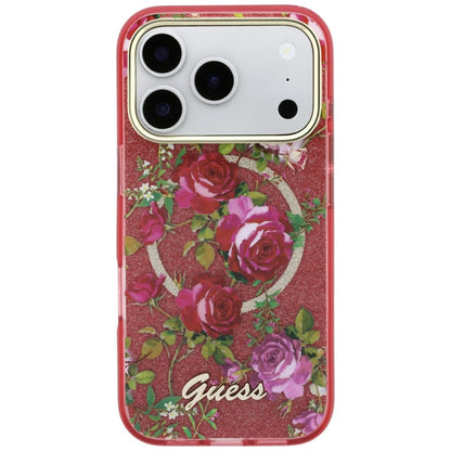 Custodia MagSafe per Apple iPhone 18 Pro Max / 17 Pro Max, Guess, IML Glitter Blossom Roses, Vinaccia