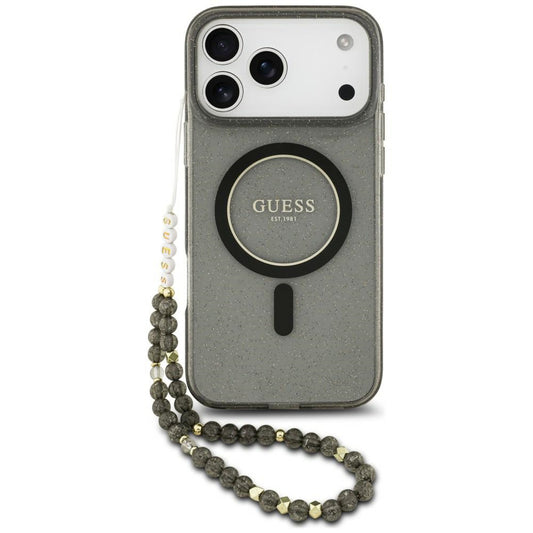 MagSafe Case for Apple iPhone 18 Pro Max / 17 Pro Max, Guess, IML Glitter with Pearl Strap, Black