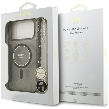 Custodia MagSafe per Apple iPhone 18 Pro Max / 17 Pro Max, Guess, IML Glitter with Pearl Strap, nera