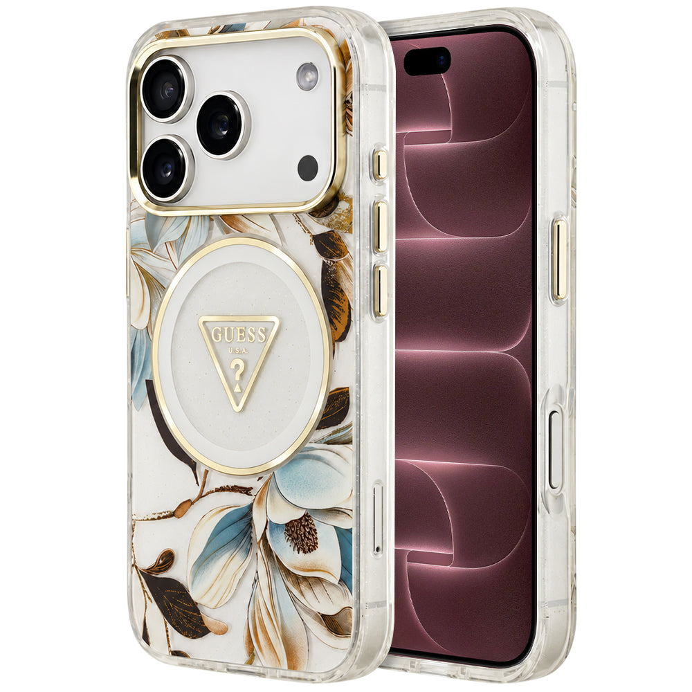 Custodia MagSafe per Apple iPhone 18 Pro Max / 17 Pro Max, Guess, IML Metal Glitter Flowers Triangle, Bianca