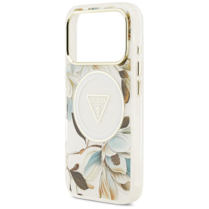 Custodia MagSafe per Apple iPhone 18 Pro Max / 17 Pro Max, Guess, IML Metal Glitter Flowers Triangle, Bianca