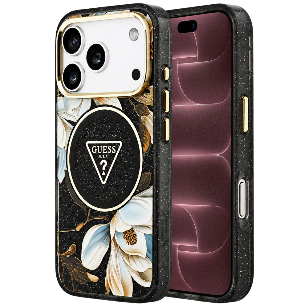 Custodia MagSafe per Apple iPhone 18 Pro Max / 17 Pro Max, Guess, IML Metal Glitter Flowers Triangle, nera
