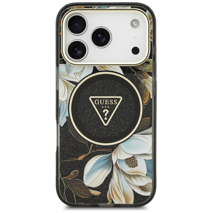 Custodia MagSafe per Apple iPhone 18 Pro Max / 17 Pro Max, Guess, IML Metal Glitter Flowers Triangle, nera