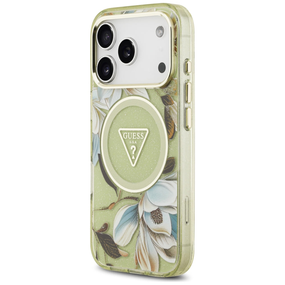 Custodia MagSafe per Apple iPhone 18 Pro Max / 17 Pro Max, Guess, IML Metal Glitter Flowers Triangle, Verde