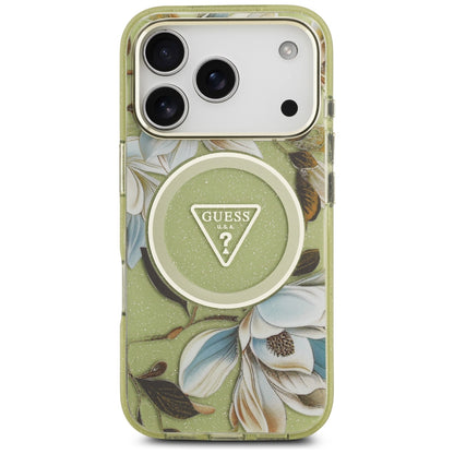 Custodia MagSafe per Apple iPhone 18 Pro Max / 17 Pro Max, Guess, IML Metal Glitter Flowers Triangle, Verde