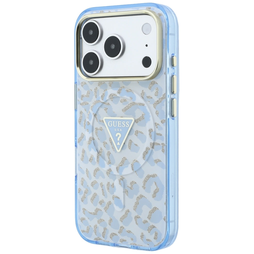 Custodia MagSafe per Apple iPhone 18 Pro Max / 17 Pro Max, Guess, Logo Triangolo Glitter Leopardo, Blu