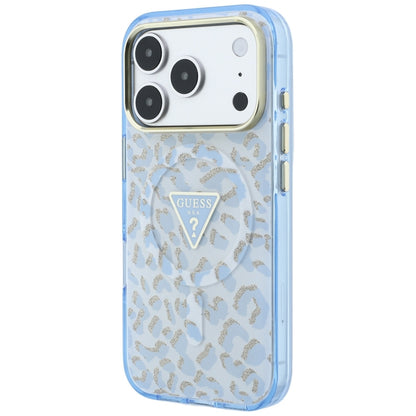 Custodia MagSafe per Apple iPhone 18 Pro Max / 17 Pro Max, Guess, Logo Triangolo Glitter Leopardo, Blu