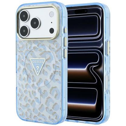 Custodia MagSafe per Apple iPhone 18 Pro Max / 17 Pro Max, Guess, Logo Triangolo Glitter Leopardo, Blu