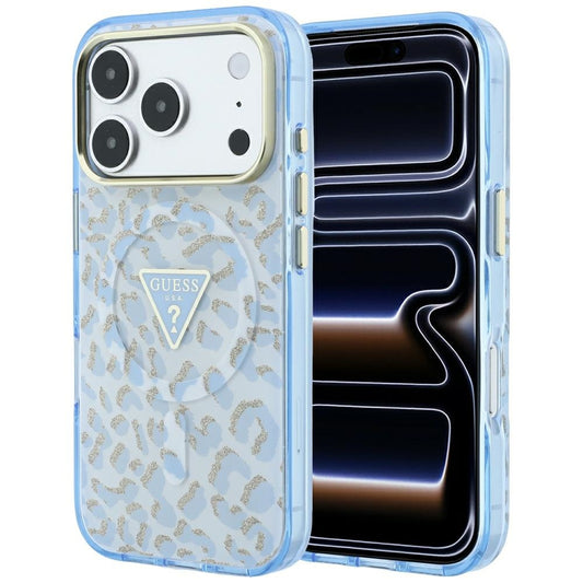 Custodia MagSafe per Apple iPhone 18 Pro Max / 17 Pro Max, Guess, Logo Triangolo Glitter Leopardo, Blu