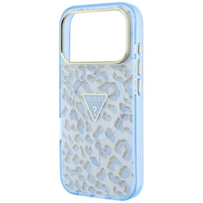 Custodia MagSafe per Apple iPhone 18 Pro Max / 17 Pro Max, Guess, Logo Triangolo Glitter Leopardo, Blu