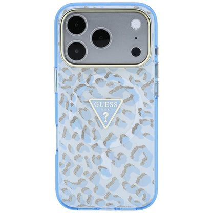 Custodia MagSafe per Apple iPhone 18 Pro Max / 17 Pro Max, Guess, Logo Triangolo Glitter Leopardo, Blu