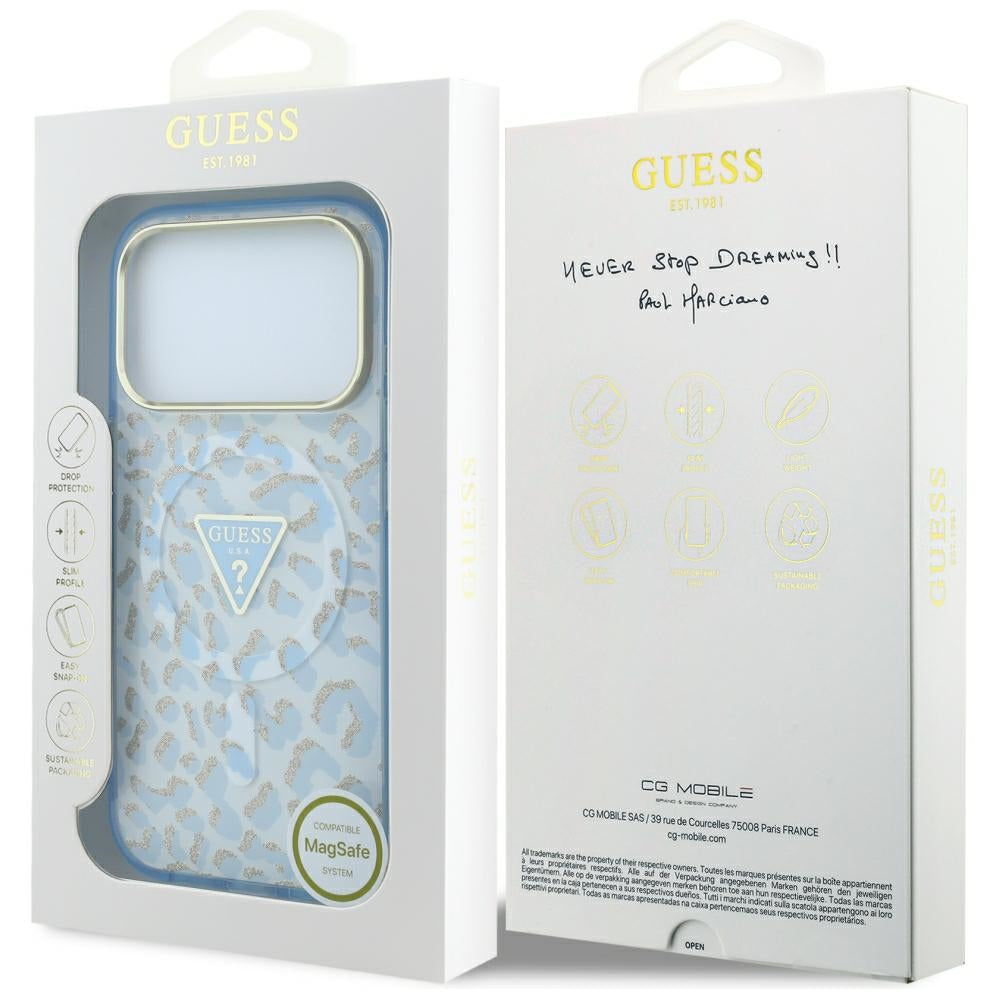 Custodia MagSafe per Apple iPhone 18 Pro Max / 17 Pro Max, Guess, Logo Triangolo Glitter Leopardo, Blu