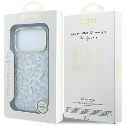 Custodia MagSafe per Apple iPhone 18 Pro Max / 17 Pro Max, Guess, Logo Triangolo Glitter Leopardo, Blu