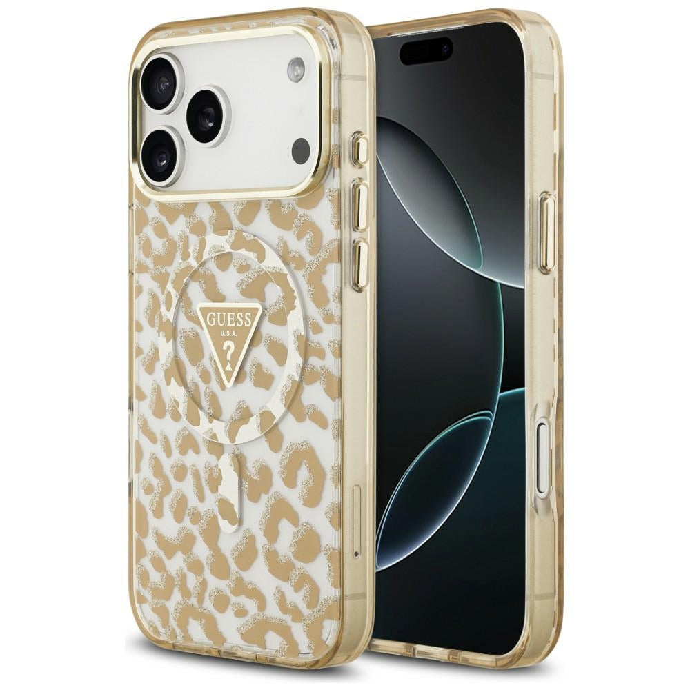Custodia MagSafe per Apple iPhone 18 Pro Max / 17 Pro Max, Guess, Logo Triangolo Glitter Leopardo, Marrone