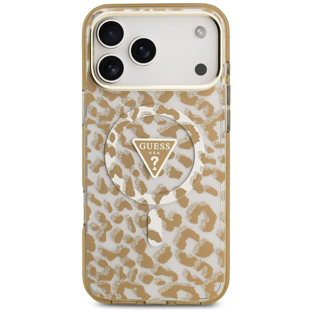 Custodia MagSafe per Apple iPhone 18 Pro Max / 17 Pro Max, Guess, Logo Triangolo Glitter Leopardo, Marrone