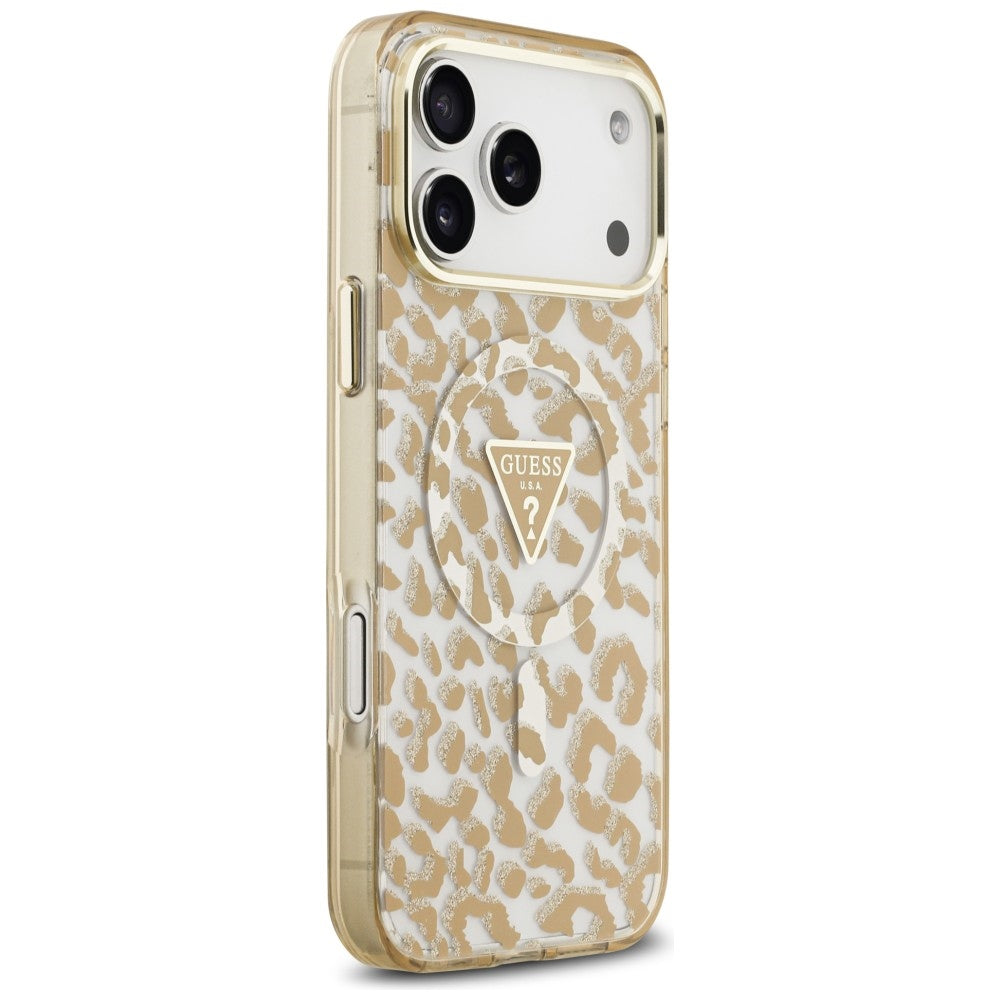 Custodia MagSafe per Apple iPhone 18 Pro Max / 17 Pro Max, Guess, Logo Triangolo Glitter Leopardo, Marrone