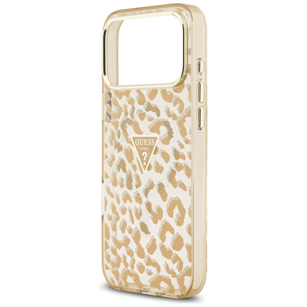 Custodia MagSafe per Apple iPhone 18 Pro Max / 17 Pro Max, Guess, Logo Triangolo Glitter Leopardo, Marrone