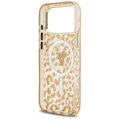 Custodia MagSafe per Apple iPhone 18 Pro Max / 17 Pro Max, Guess, Logo Triangolo Glitter Leopardo, Marrone