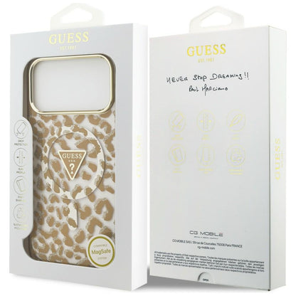 Custodia MagSafe per Apple iPhone 18 Pro Max / 17 Pro Max, Guess, Logo Triangolo Glitter Leopardo, Marrone