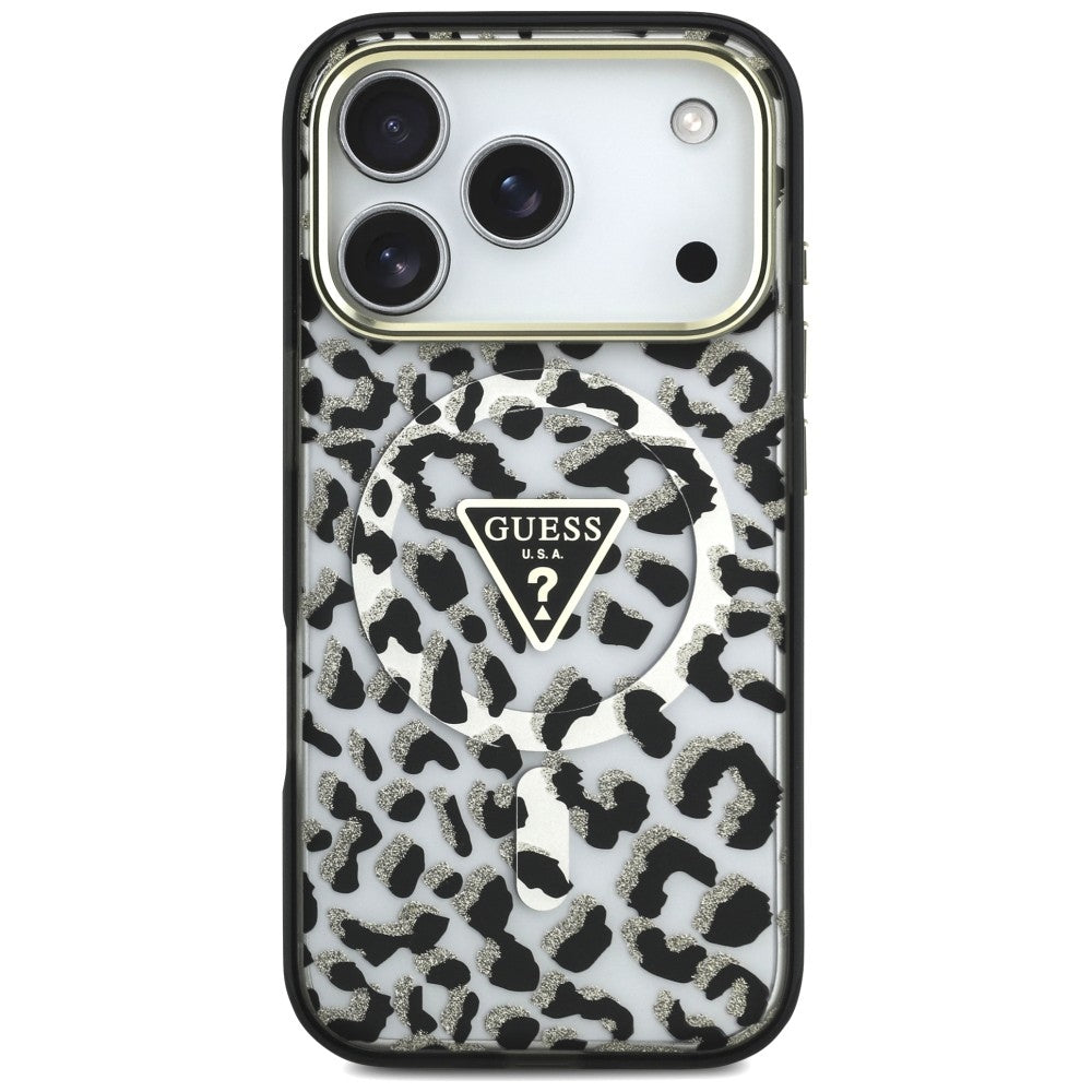 Custodia MagSafe per Apple iPhone 18 Pro Max / 17 Pro Max, Guess, Logo Triangolo Glitter Leopardo, Nera