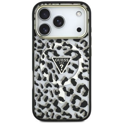 Custodia MagSafe per Apple iPhone 18 Pro Max / 17 Pro Max, Guess, Logo Triangolo Glitter Leopardo, Nera
