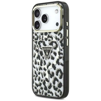 Custodia MagSafe per Apple iPhone 18 Pro Max / 17 Pro Max, Guess, Logo Triangolo Glitter Leopardo, Nera