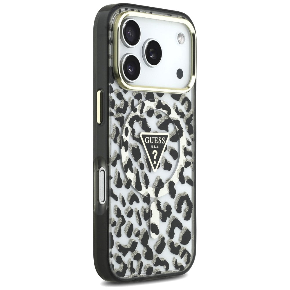 Custodia MagSafe per Apple iPhone 18 Pro Max / 17 Pro Max, Guess, Logo Triangolo Glitter Leopardo, Nera