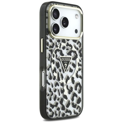 Custodia MagSafe per Apple iPhone 18 Pro Max / 17 Pro Max, Guess, Logo Triangolo Glitter Leopardo, Nera