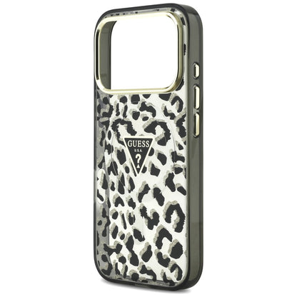 Custodia MagSafe per Apple iPhone 18 Pro Max / 17 Pro Max, Guess, Logo Triangolo Glitter Leopardo, Nera
