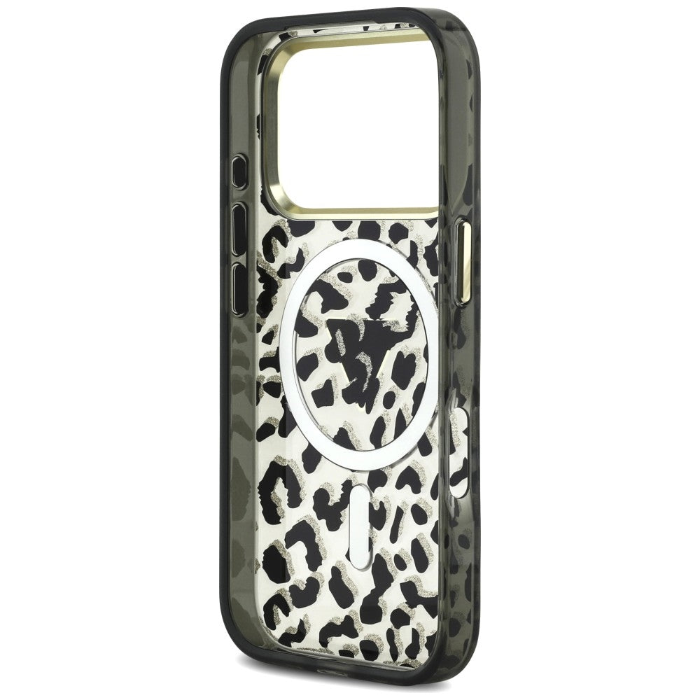 Custodia MagSafe per Apple iPhone 18 Pro Max / 17 Pro Max, Guess, Logo Triangolo Glitter Leopardo, Nera