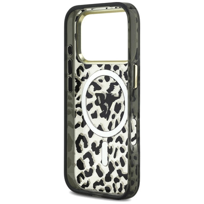 Custodia MagSafe per Apple iPhone 18 Pro Max / 17 Pro Max, Guess, Logo Triangolo Glitter Leopardo, Nera