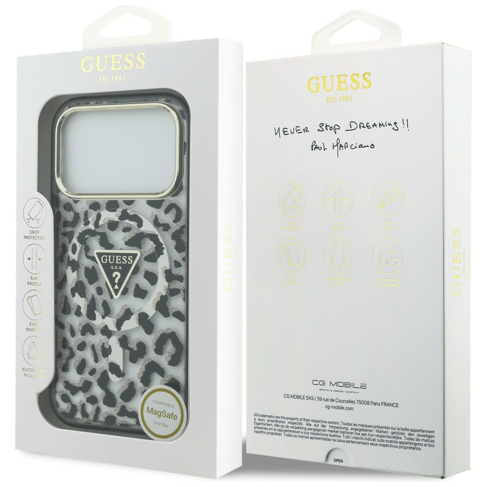 Custodia MagSafe per Apple iPhone 18 Pro Max / 17 Pro Max, Guess, Logo Triangolo Glitter Leopardo, Nera