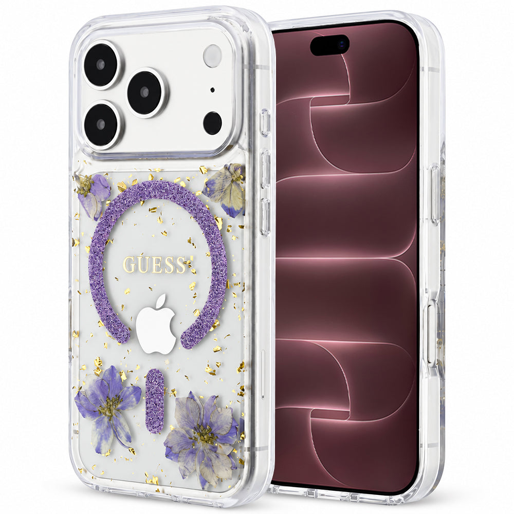 Custodia MagSafe per Apple iPhone 18 Pro Max / 17 Pro Max, Guess, Fiori in Resina e Glitter, Viola