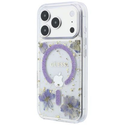 Custodia MagSafe per Apple iPhone 18 Pro Max / 17 Pro Max, Guess, Fiori in Resina e Glitter, Viola