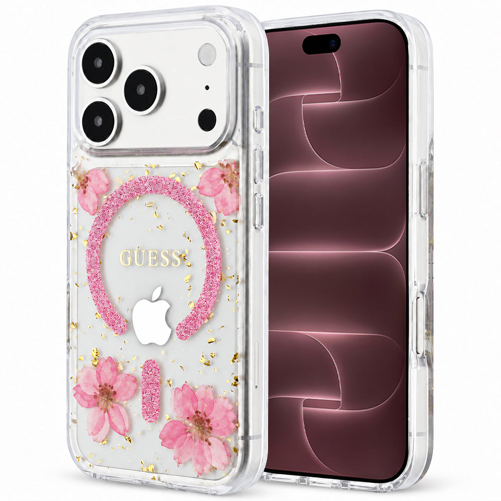 Custodia MagSafe per Apple iPhone 18 Pro Max / 17 Pro Max, Guess, Resin Flowers and Glitter, Rosa