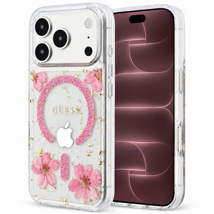 Custodia MagSafe per Apple iPhone 18 Pro Max / 17 Pro Max, Guess, Resin Flowers and Glitter, Rosa